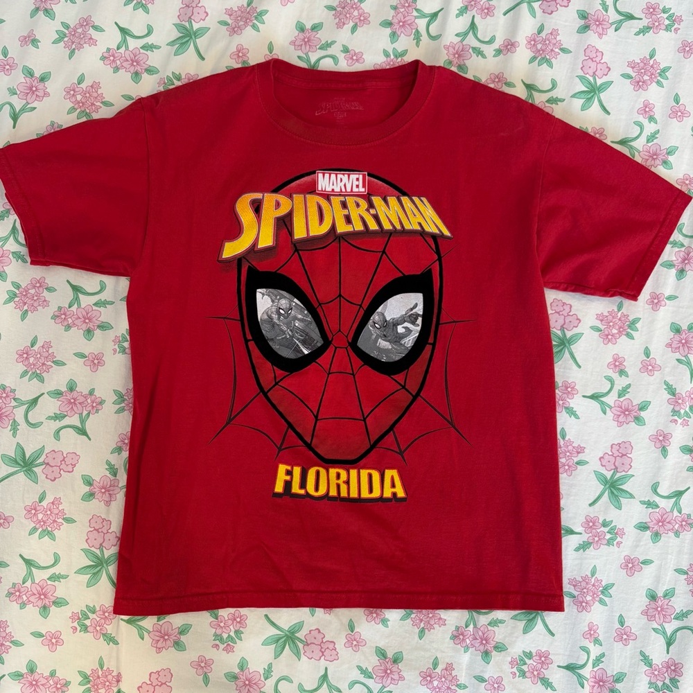 red boys marvel spider-man florida crewneck tshirt with velvet mask detail